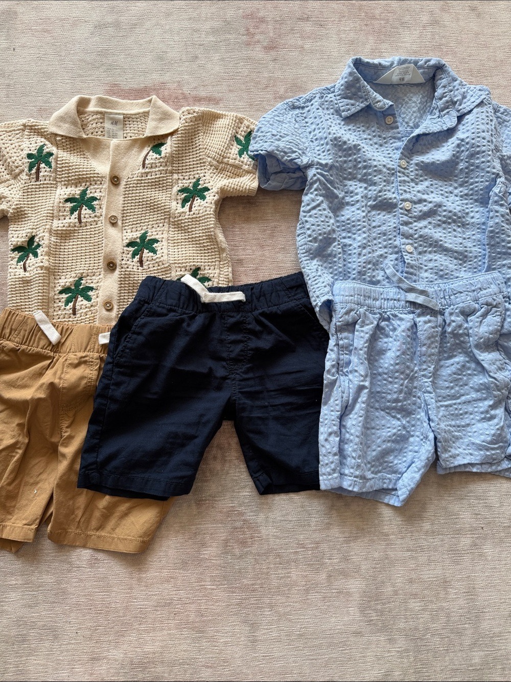 H&M Kids Beige Palm Sweater Navy Shorts Light Blue Shirt Shorts Set 2T